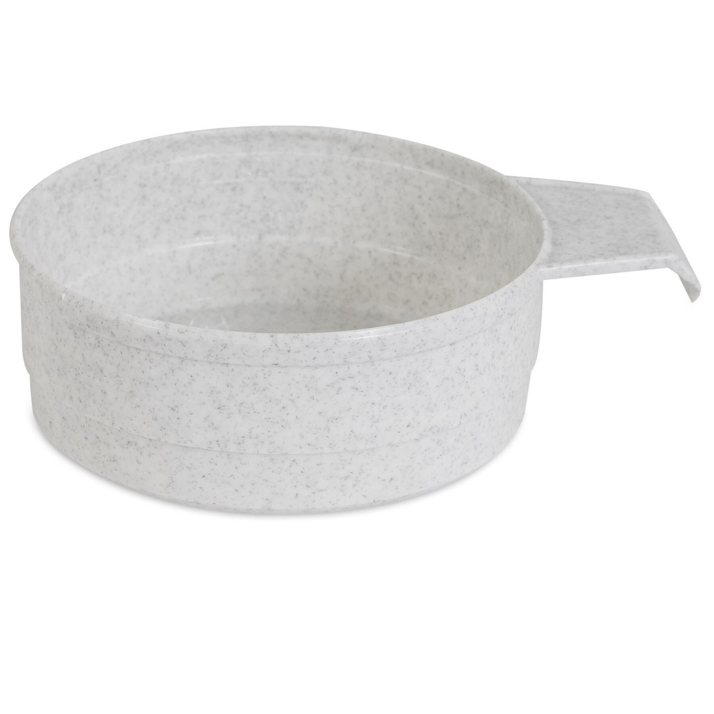 The Vittles Vault Food Scoop by Vittles Vault is a light gray speckled bowl with a flat, extended handle, ideal as a food storage container. Its round, sturdy design makes it perfect for holding pet food kibble.