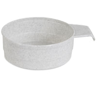 The Vittles Vault Food Scoop by Vittles Vault is a light gray speckled bowl with a flat, extended handle, ideal as a food storage container. Its round, sturdy design makes it perfect for holding pet food kibble.