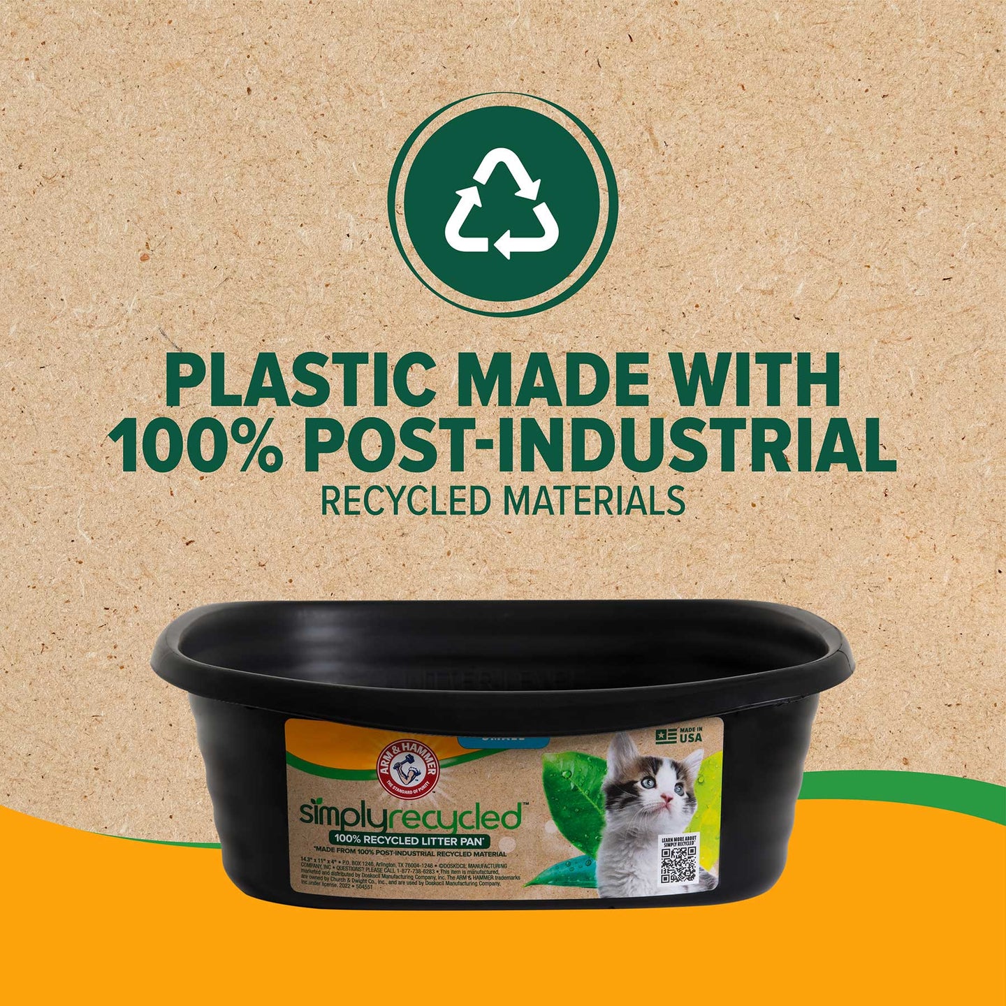 The Arm & Hammer SimplyRecycled Wave Litter Box, made from 100% post-industrial recycled materials, is shown on a brown textured background with a green recycling symbol. The pan has a label featuring a white cat and the Arm And Hammer logo, emphasizing its sustainable design.