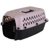 The Petmate Fashion All Purpose Vari Kennel features a black base, light pink top, side ventilation holes, and a metal front door—an ideal stylish small dog carrier for travel by Petmate.