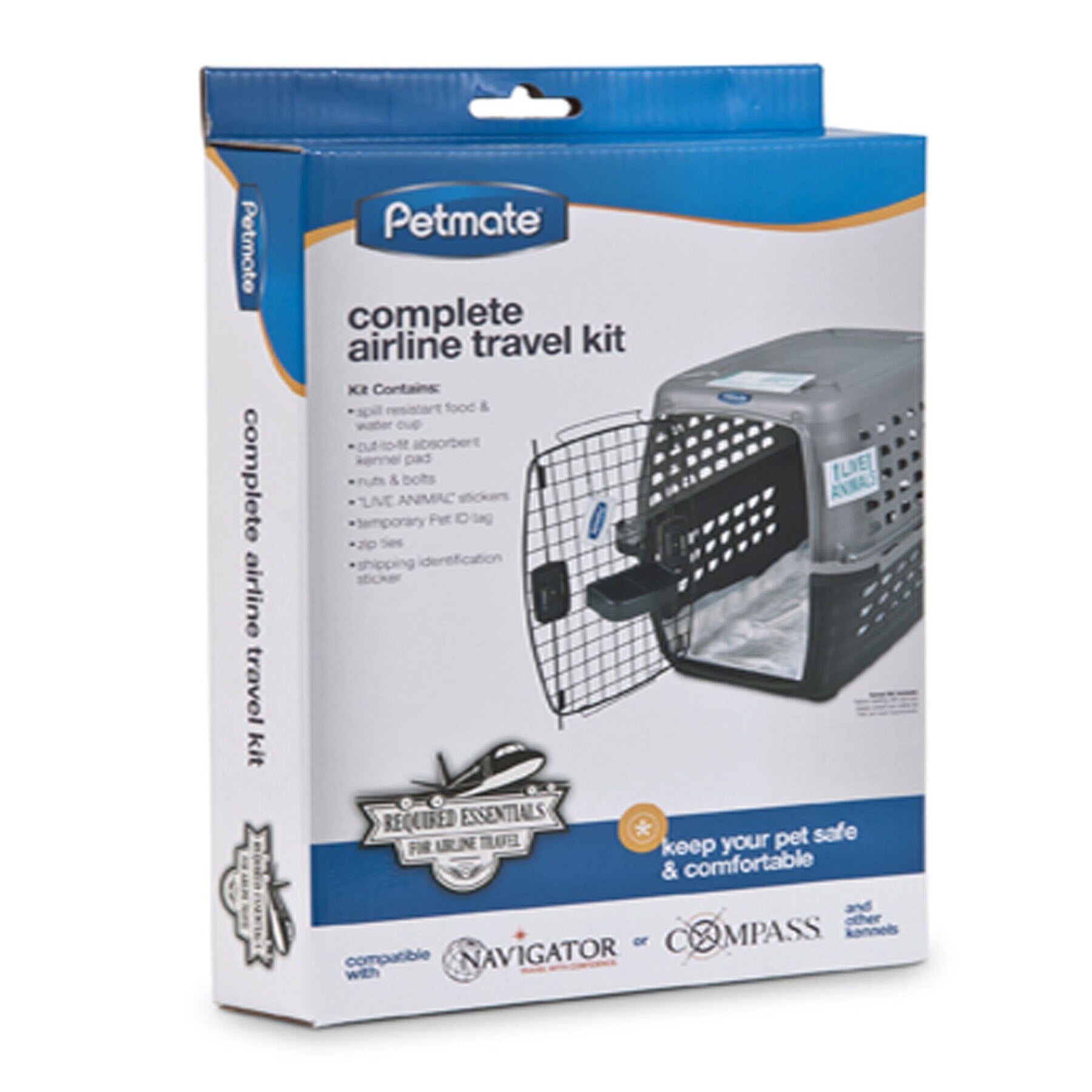 The Petmate Kennel Airline Travel Kit, a must-have for pet travel, features a pet carrier image and includes essential accessories: bowls, hardware, ID sticker, food bag, and an absorbent pad. Its designed for small animals under 10 kg and meets airline requirements.
