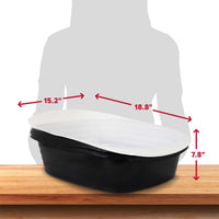 A black Arm & Hammer Sifting Litter Box with a white lid sits on wood, featuring antimicrobial protection. Its silhouette shows dimensions: 15.2 W, 18.8 L, and 7.8 H.