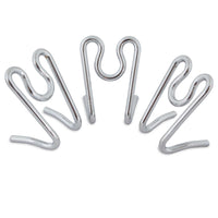 Five wavy silver metal wire display stands are arranged in a semi-circle, perfect for showcasing items like plates; they have a shiny, reflective surface similar to Aspen Pet Heavy Duty Prong Collar Replacement Links - 3pk.