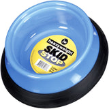A JW Skid Stop Heavyweight Bowl by Jw features blue heavyweight plastic and a black non-slip base, labeled Heavyweight SKID STOP and Large Pet Bowl.