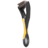 This image showcases the JW Gripsoft Dog Deshedding Tool by Jw, featuring a black and yellow handle with GripSoft technology and an ergonomic grip. Its curved stainless steel blades efficiently remove loose fur and undercoat from pets.