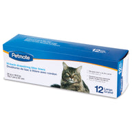 The Petmate Drawstring Hi-Back Litter Box Liners box, featuring a large tabby cat image, contains 12 large liners ideal for easy disposal and odor control. Each liner measures 31 x 18.5 inches and fits pans sized 18.5 x 14.75 x 5.75 inches.