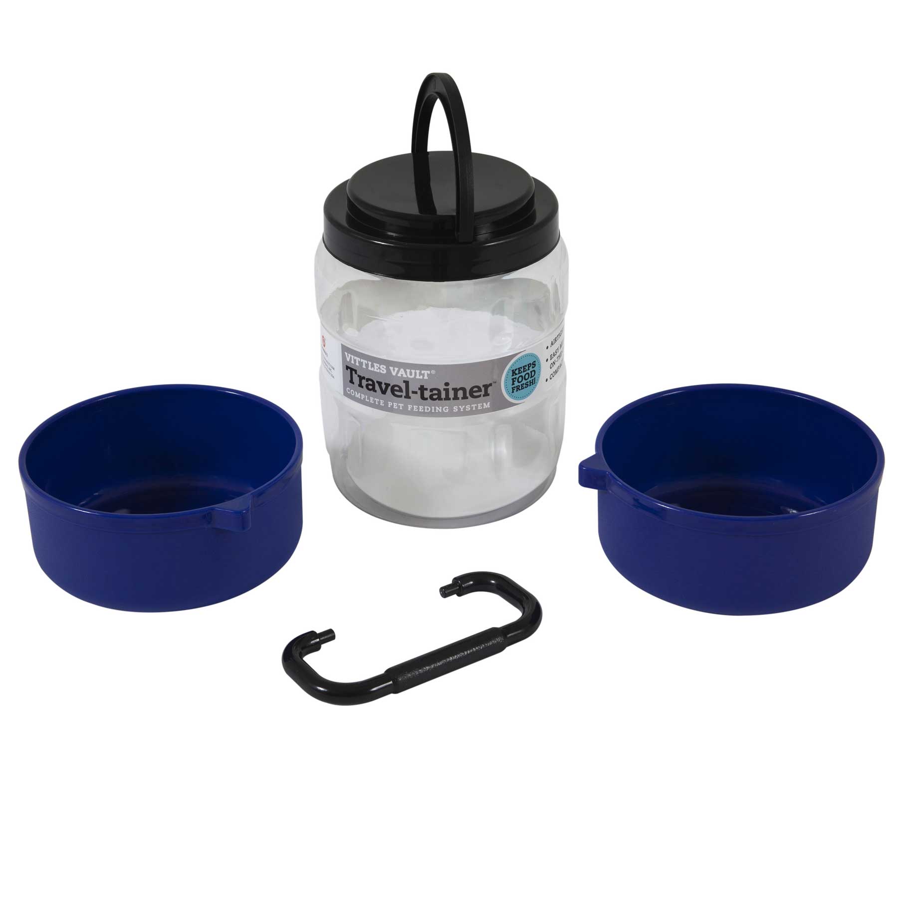 The Vittles Vault Travel-Trainer is a BPA-free pet travel container set featuring a clear cylindrical holder, two blue bowls, a black carabiner, and an airtight seal with a black lid and handle.