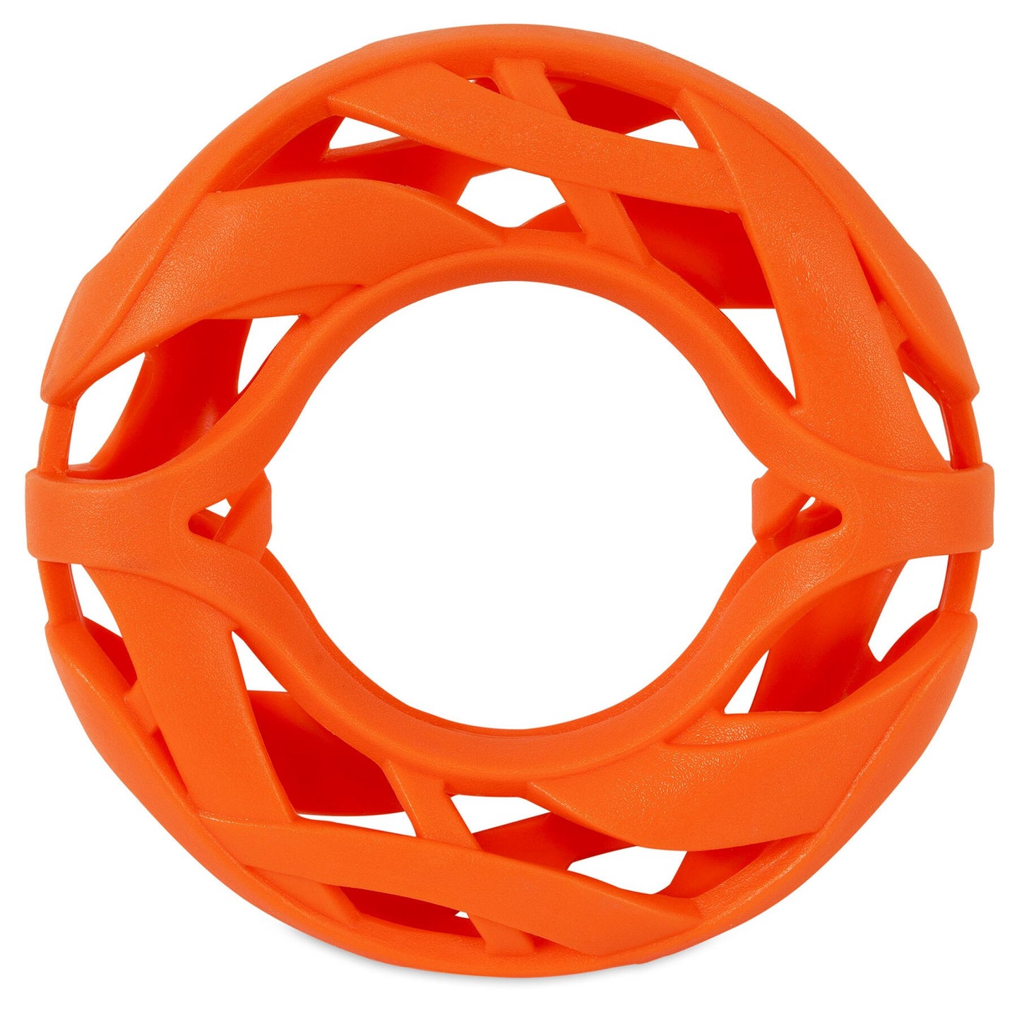 The Chuckit! Air Fetch Wheel Dog Toy by Chuckit is a durable toy for brachycephalic breeds, crafted with resilient rubber and features a hollow center and lattice-like interwoven curved bands in orange.