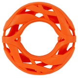 The Chuckit! Air Fetch Wheel Dog Toy by Chuckit is a durable toy for brachycephalic breeds, crafted with resilient rubber and features a hollow center and lattice-like interwoven curved bands in orange.