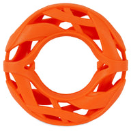 The Chuckit! Air Fetch Wheel Dog Toy by Chuckit is a durable toy for brachycephalic breeds, crafted with resilient rubber and features a hollow center and lattice-like interwoven curved bands in orange.