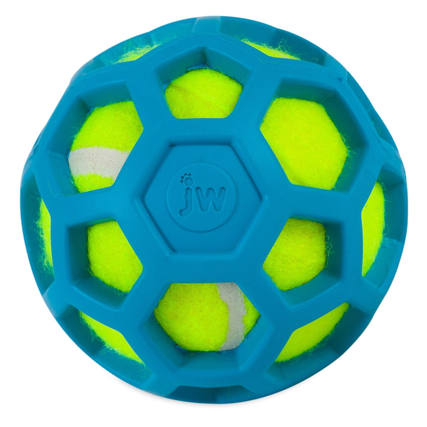 The JW ProTen Hol-ee Roller Dog Toy by Jw is a blue rubber ball featuring a durable hexagonal pattern with a yellow tennis ball inside, ideal for fetch. The letters jw are embossed on the exterior, perfect for endless dog play.