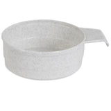 The Vittles Vault Food Scoop by Vittles Vault features a gray, speckled, round plastic design ideal for pet kibble. It includes a wide, flat handle and complements any Vittles Vault or Food Storage Container, with its slightly textured surface against a white background.