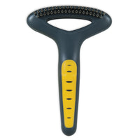 The JW Gripsoft Double Row Undercoat Rake by Jw is a black and yellow pet grooming brush for shedding. It features a wide head with closely spaced metal bristles and an ergonomically designed yellow handle for comfort.