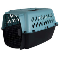 The Petmate Fashion All Purpose Vari Kennel by Petmate is a plastic pet carrier with a light blue top with ventilation holes, a black bottom, and an open black metal grid door for safe, easy-access travel for small dogs.