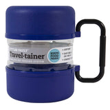The Vittles Vault Travel-Trainer is a dark blue pet food container with a clear, BPA-free plastic section and a large black side handle. Its label says Keeps Food Fresh, Airtight Seal, Easy Meals On-The-Go, Compact Design.