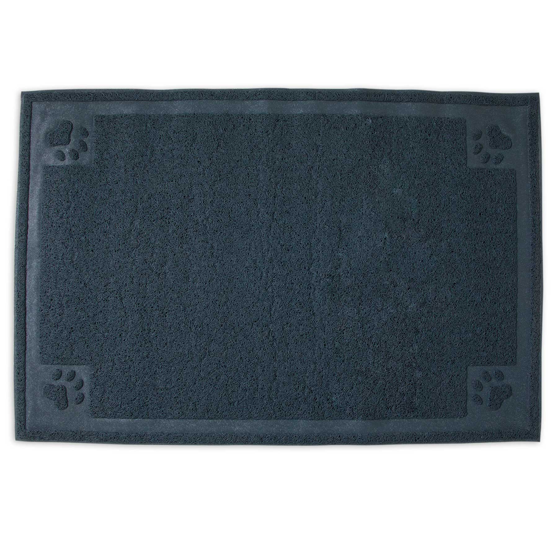 The Petmate Paws Large Litter Catcher Mat by Petmate is a rectangular dark gray mat with textured surfaces and subtle cat paw designs in the corners, ideal as a litter scatter solution.