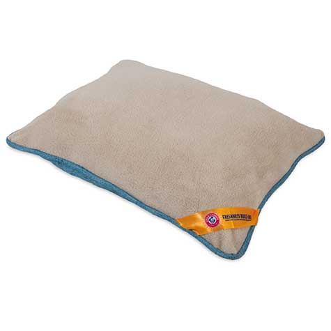 The Arm & Hammer Pillow Pet Bed by Arm And Hammer is a rectangular beige pillow with an ultra-soft plush texture and blue border. It features a small orange label on one corner and is crafted from antimicrobial fabric, all set against a white background.