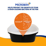 A baking pan labeled Microban Protection claims to resist stain and odor-causing bacteria, offering antimicrobial benefits akin to the Arm & Hammer Sifting Litter Box. A close-up reveals bacteria on an unprotected surface.