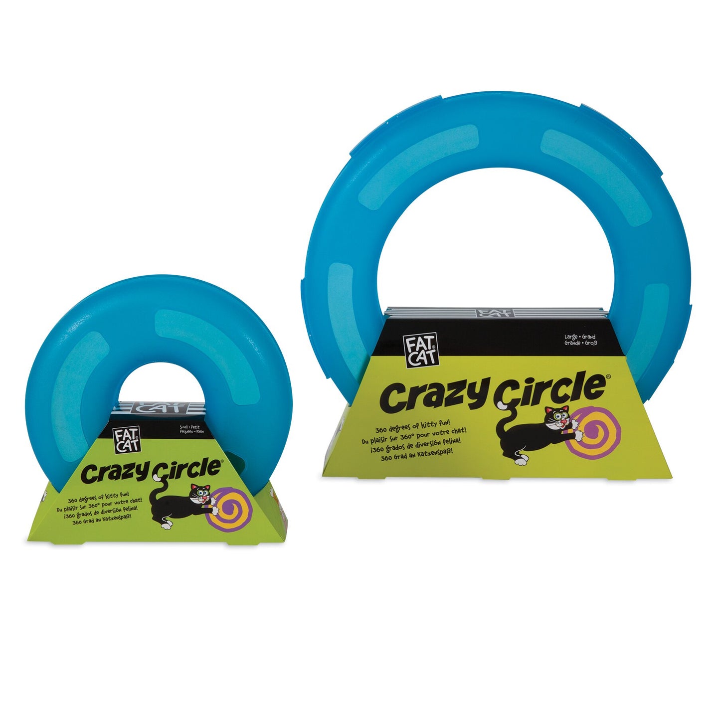 Two blue plastic FAT CAT Crazy Circle Cat Toys, one larger than the other, shaped like hollow rings by Fatcat, sit on bright green triangular boxes featuring a playful cartoon cat. They provide engaging exercise for your feline friend.