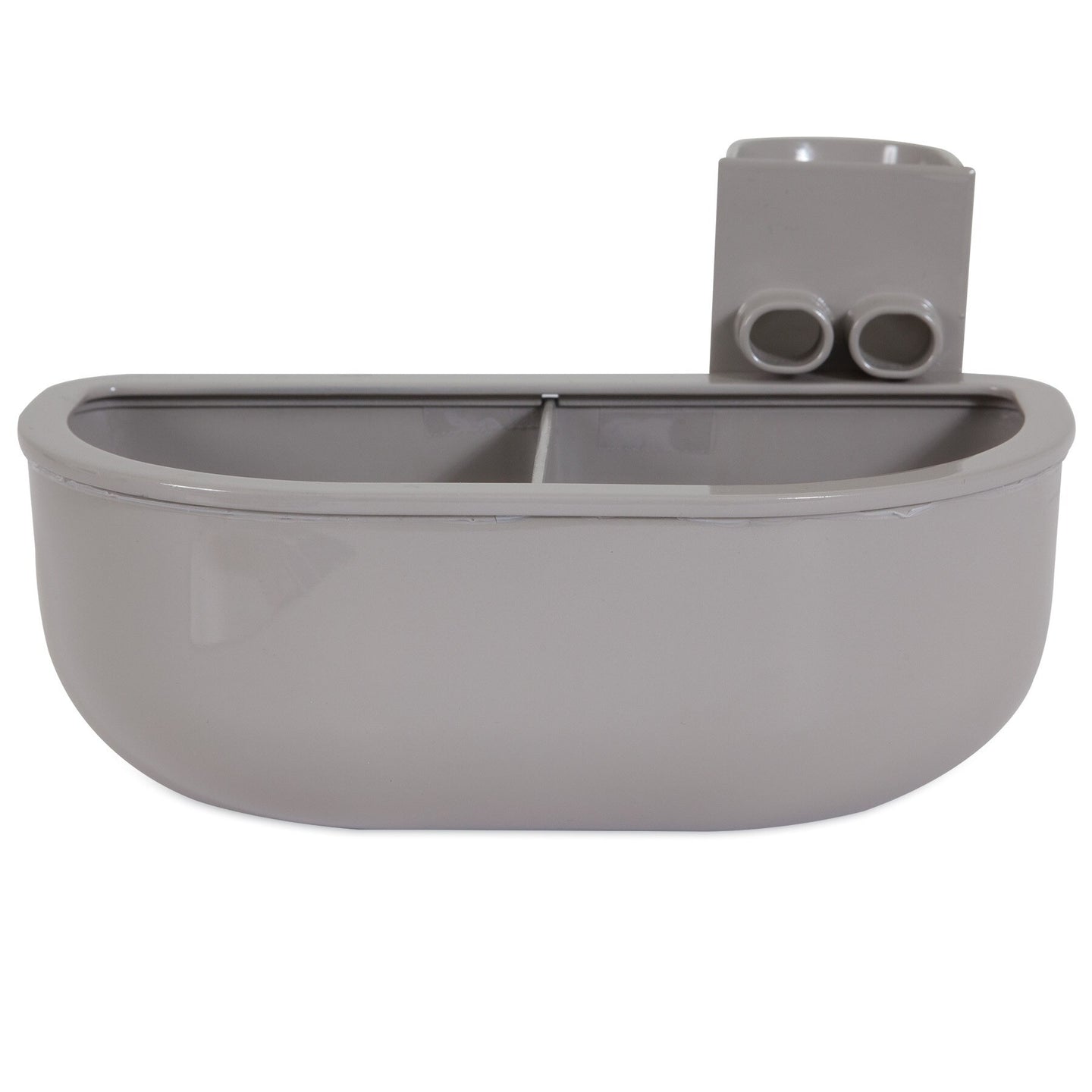 The Petmate No Spill Kennel Cup Double Diner by Petmate is a gray, BPA and lead-free plastic container with a rounded rectangular shape, featuring two compartments, two circular holes near the top, and a hook for hanging—ideal for travel.