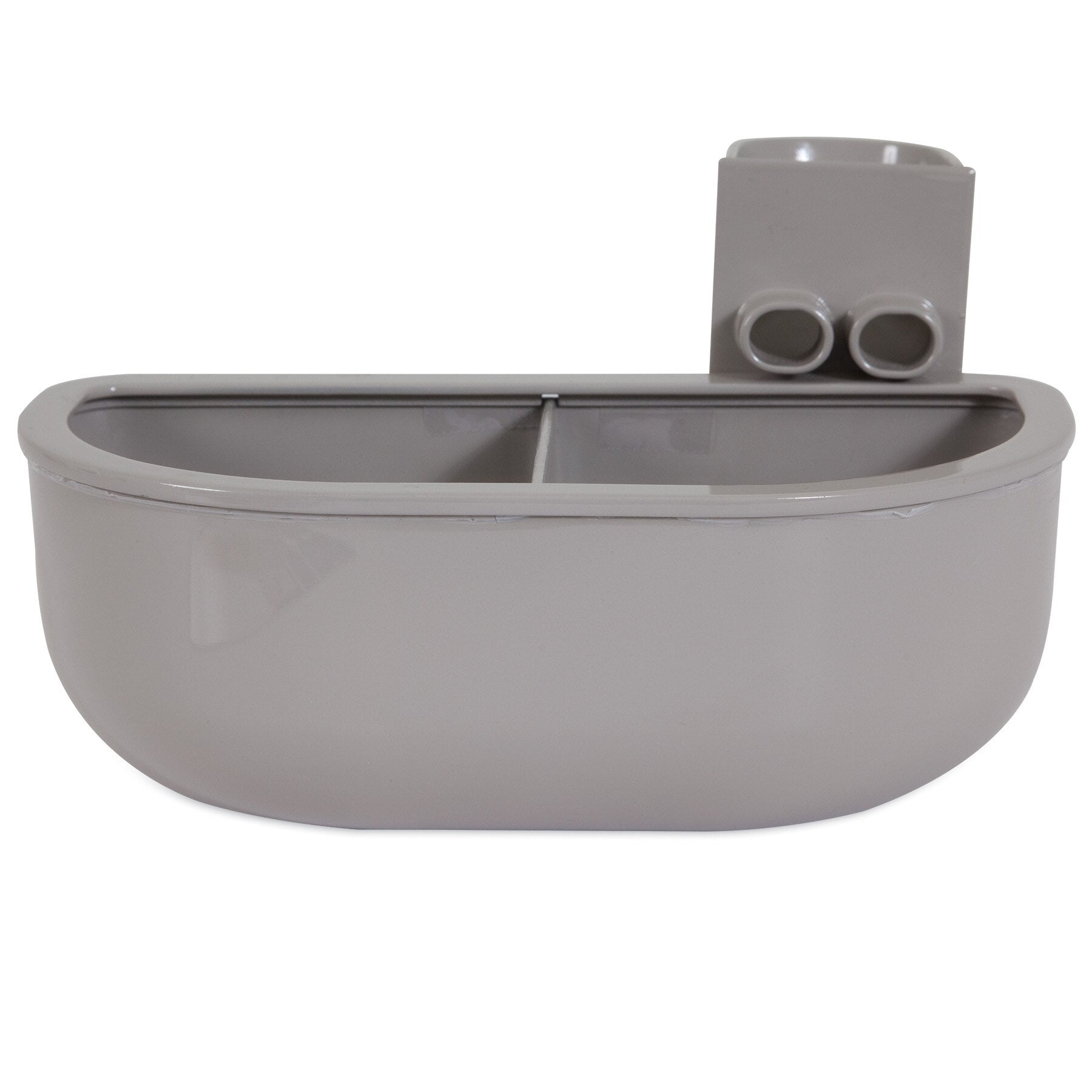 The Petmate No Spill Kennel Cup Double Diner by Petmate is a gray, BPA and lead-free plastic container with a rounded rectangular shape, featuring two compartments, two circular holes near the top, and a hook for hanging—ideal for travel.