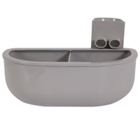 The Petmate No Spill Kennel Cup Double Diner by Petmate is a gray, BPA and lead-free plastic container with a rounded rectangular shape, featuring two compartments, two circular holes near the top, and a hook for hanging—ideal for travel.