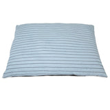 The Aspen Pet Classic Stripe Pillow Dog Bed features a stylish light blue design with thin horizontal black stripes on a white background. Made from micro-terry plush fabric, its machine washable for easy care, combining chic style and practicality for your pet.