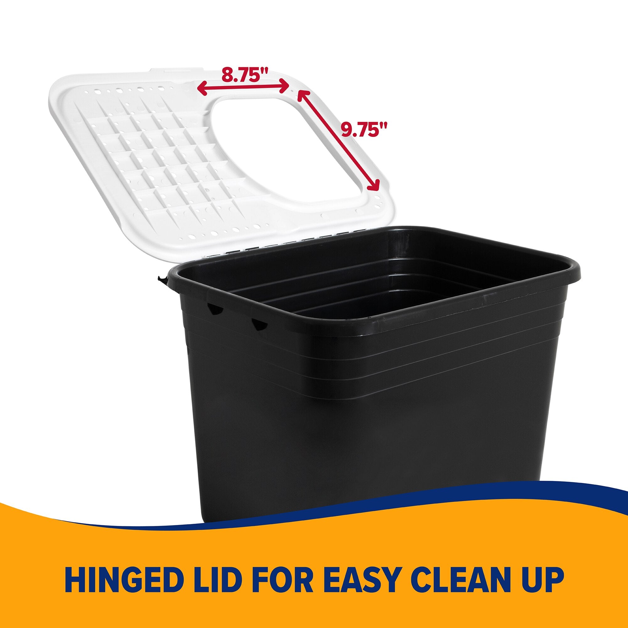 The Arm & Hammer Top Entry Litter Box features a black rectangular bin with a hinged white lid that opens at an angle, has non-slip textures, and an 8.75 x 9.75-inch opening. An orange and blue banner states, Hinged lid for easy clean up. It includes Microban antimicrobial protection.