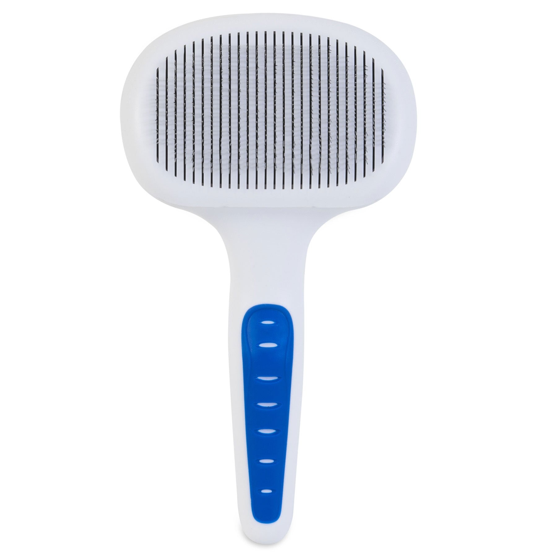 The JW Gripsoft Self-Cleaning Slicker Brush by Jw features a white design with a blue ergonomic handle and fine bristles, perfect for grooming animals and effectively removing excess shedding hair.