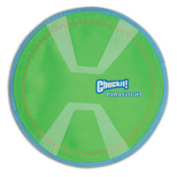 Discover the Chuckit Paraflight Max Glow Flyer Dog Toy—a green and blue, flexible fetch toy for dogs featuring a fabric surface with an X-shaped pattern and Chuckit logo. Now available in a glow-in-the-dark version to enhance nighttime play.
