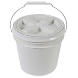 The Vittles Vault Outback Pet Food Storage Bucket is a large, white, cylindrical plastic container with an airtight seal and metal handle. Its textured cross-pattern lid ensures grip for secure storage, while its smooth finish and sturdy build make it ideal for transporting various materials.
