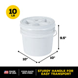 The Vittles Vault Outback Pet Food Storage Bucket by Vittles Vault is a white, round container with an airtight seal, measuring 10 in diameter and 9.5 in height. It holds 10 lbs and has a sturdy handle for transport. Features include Made in USA and Food-Safe BPA-Free.