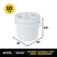 The Vittles Vault Outback Pet Food Storage Bucket by Vittles Vault is a white, round container with an airtight seal, measuring 10 in diameter and 9.5 in height. It holds 10 lbs and has a sturdy handle for transport. Features include Made in USA and Food-Safe BPA-Free.