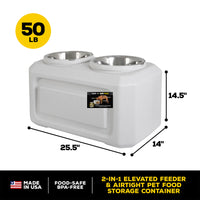 The Vittles Vault Elevated Storage Dog Feeder by Vittles Vault is a white 2-in-1 design with fresh food storage using airtight Gamma Seal Technology. It includes two stainless steel bowls, measures 25.5L x 14.5H x 14W, holds up to 50 lbs, and is food-safe, BPA-free, and made in the USA.