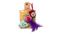 Check out the Quirky Kitty Charcuterie Board Play Mat: a vibrant set with a plush yeast jar, brie wedge, and purple fig. The board has a honey dipper design and is adorned with catnip and a big purple feather for endless feline fun.