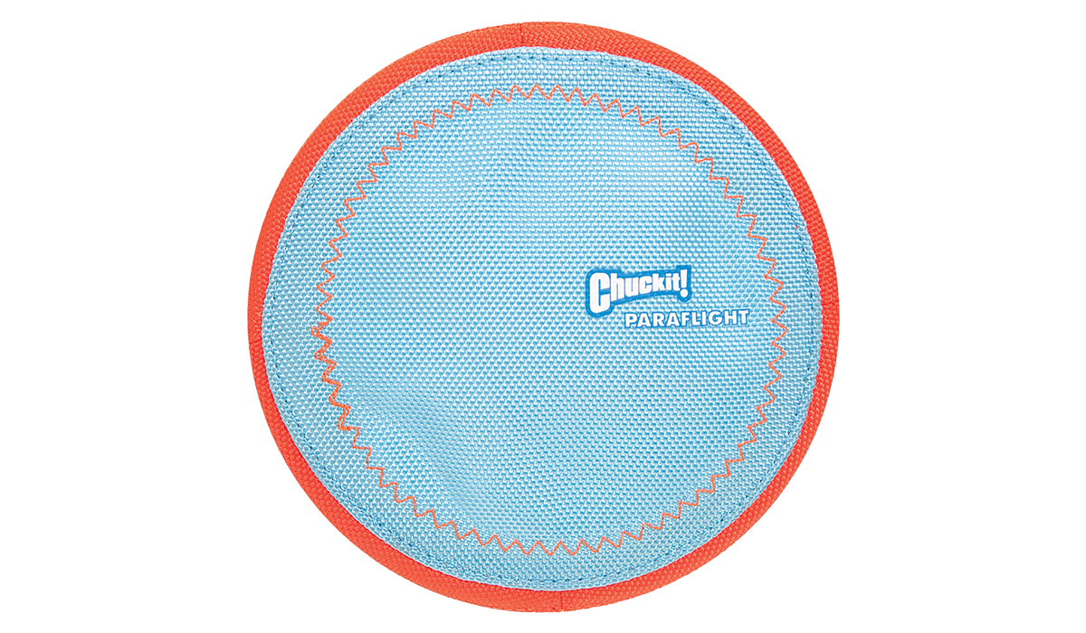 The Chuckit! Paraflight Flyer Dog Toy, in blue and orange with optimal grip texture, is an aerodynamic fetch toy designed for endless dog play. Durable and emblazoned with Chuckit! Paraflight, it ensures fun flights and lasting entertainment for your pet.