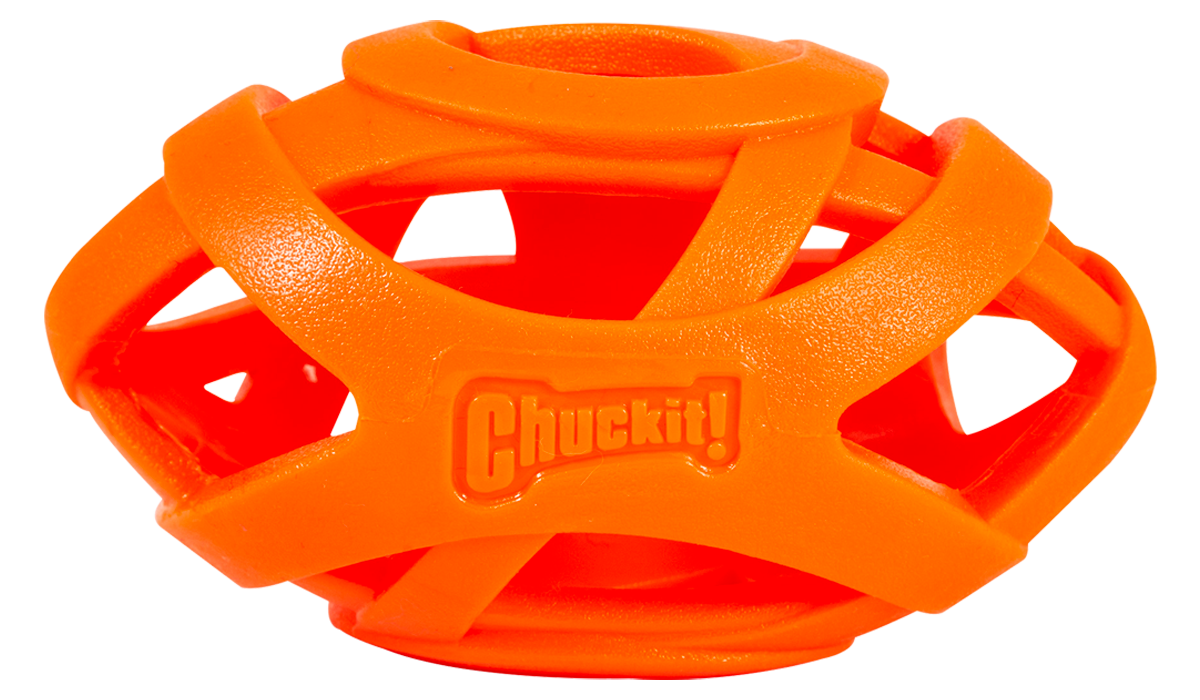 The Chuckit Air Fetch Football Dog Toy by Chuckit is an orange, durable rubber toy with an open lattice design for easy gripping and fetching.