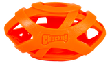 The Chuckit Air Fetch Football Dog Toy by Chuckit is an orange, durable rubber toy with an open lattice design for easy gripping and fetching.