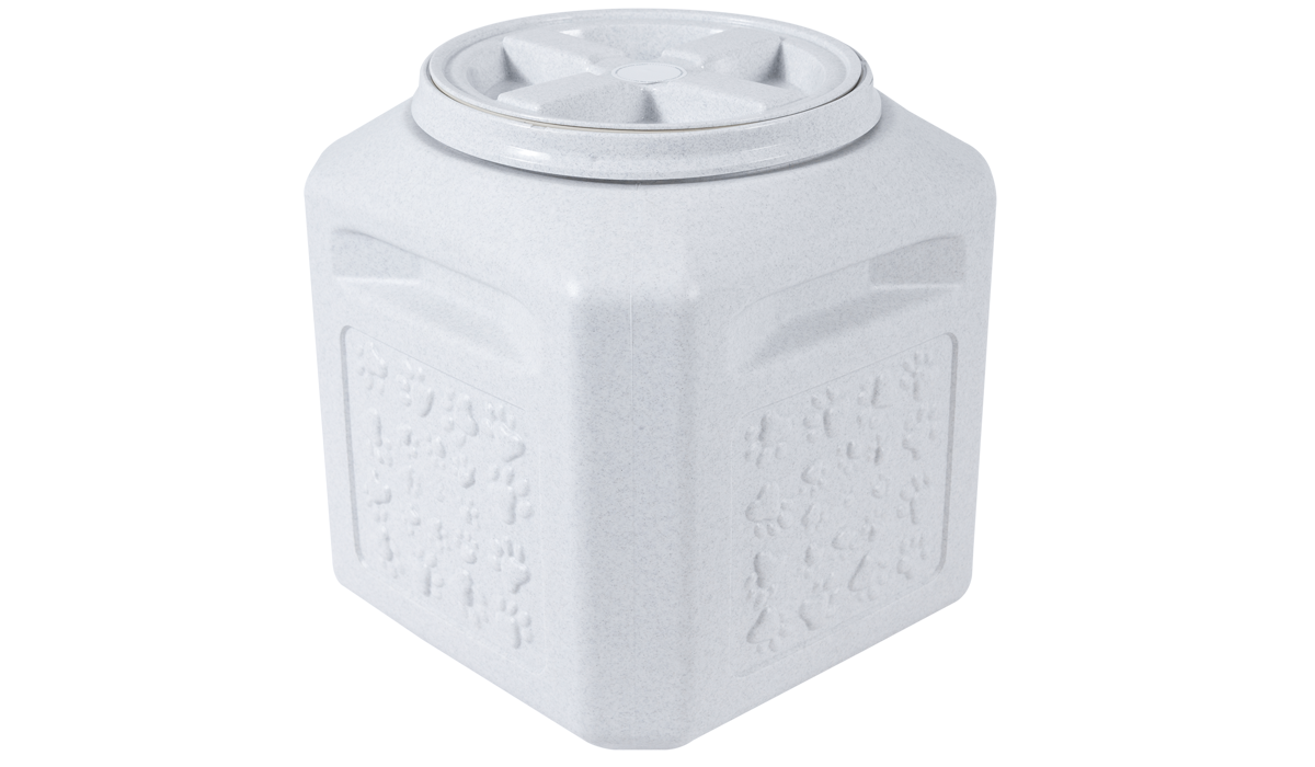The Vittles Vault Pawprint Outback Food Storage Container by Vittles Vault is a light gray, BPA-free plastic square container with embossed floral patterns, featuring an indented round lid for airtight sealing and secure storage.