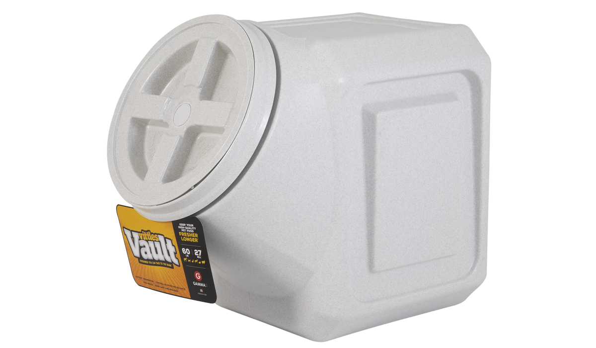 The Vittles Vault Outback Stackable Pet Food Storage Container, by Vittles Vault, is a square white plastic container with rounded edges and a grid lid design featuring Gamma Seal Technology for airtight storage. It holds 60 pounds and is ideal for storing pet food.