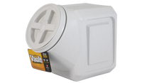 The Vittles Vault Outback Stackable Pet Food Storage Container, by Vittles Vault, is a square white plastic container with rounded edges and a grid lid design featuring Gamma Seal Technology for airtight storage. It holds 60 pounds and is ideal for storing pet food.