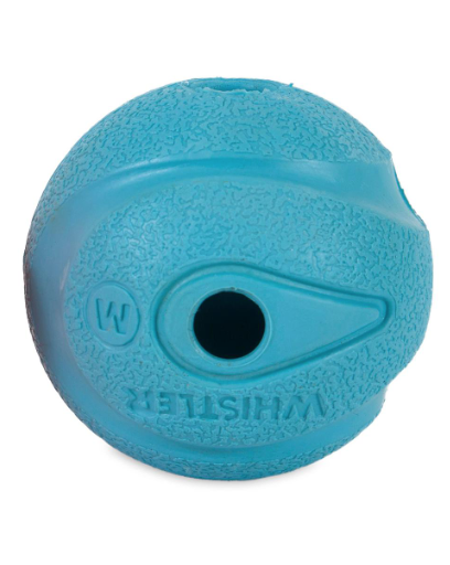 The Chuckit! Fetch Ball Medley Triple Pack includes a blue rubber ball with a textured surface, a central hole, and embossed Whistler with a circled M.