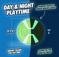 The Chuckit! Paraflight Max Glow Flyer Dog Toy features a split design: half blue for day and half with Max Glow tech for night. It promotes Day & Night Playtime, charges quickly under bright lights, glows in the dark, and is 9.75 inches (24.8 cm) in size.